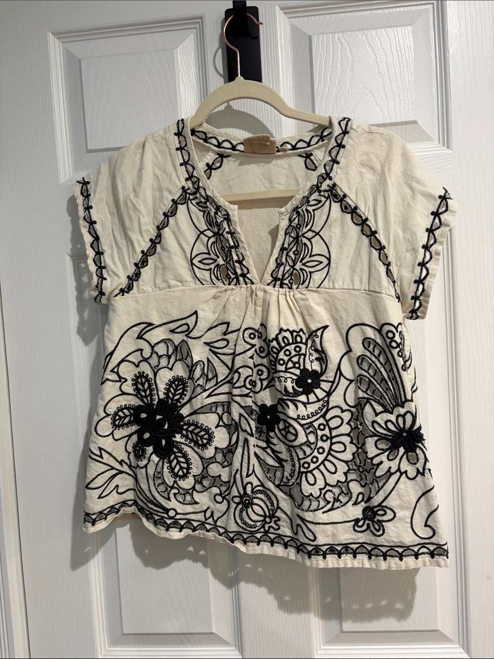 Cream Embroidered Short Sleeve Blouse with Black Floral Detail